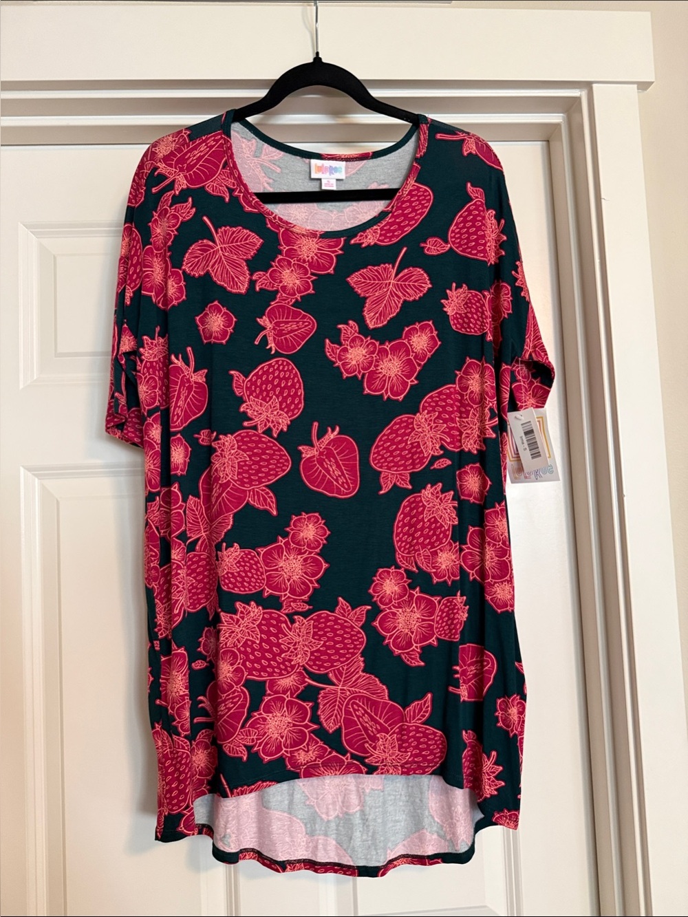 LuLaRoe Black Tunic with Hot Pink Strawberry Motif
